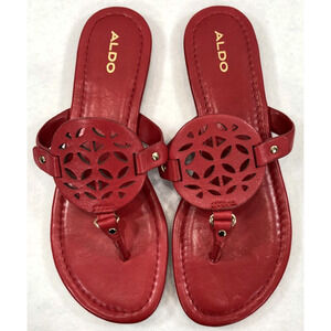 Aldo Medallion Gold Studded Leather Thong Slides Flip-Flop Sandals Size 8.5M Red